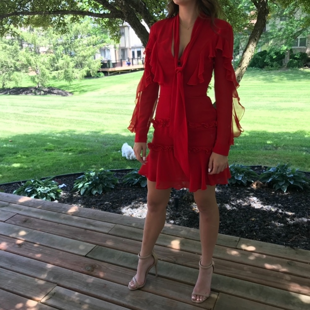 Red, mini ruffle cascade dress. Perfect condition.